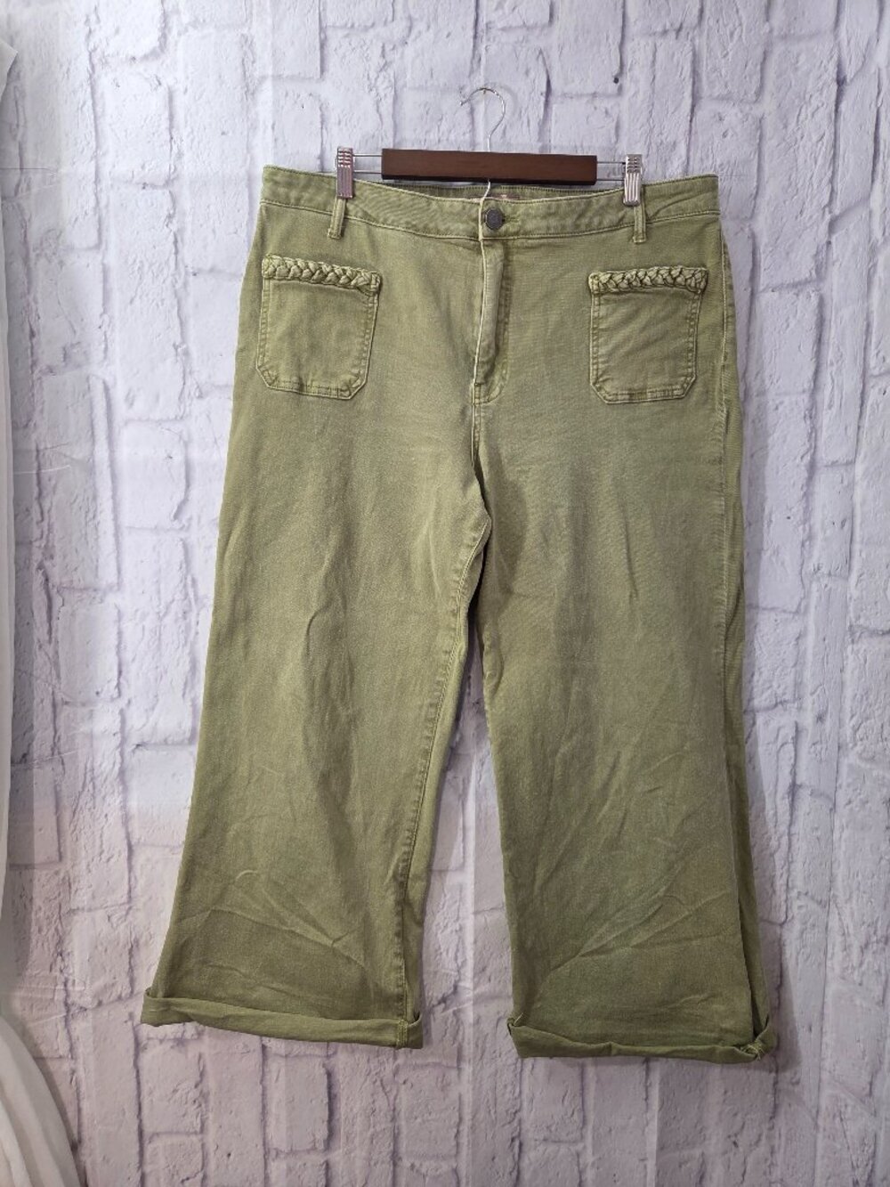 Kut From The Kloth Meg Size 16 Olive Green Wide Leg Braided Cropped Jeans